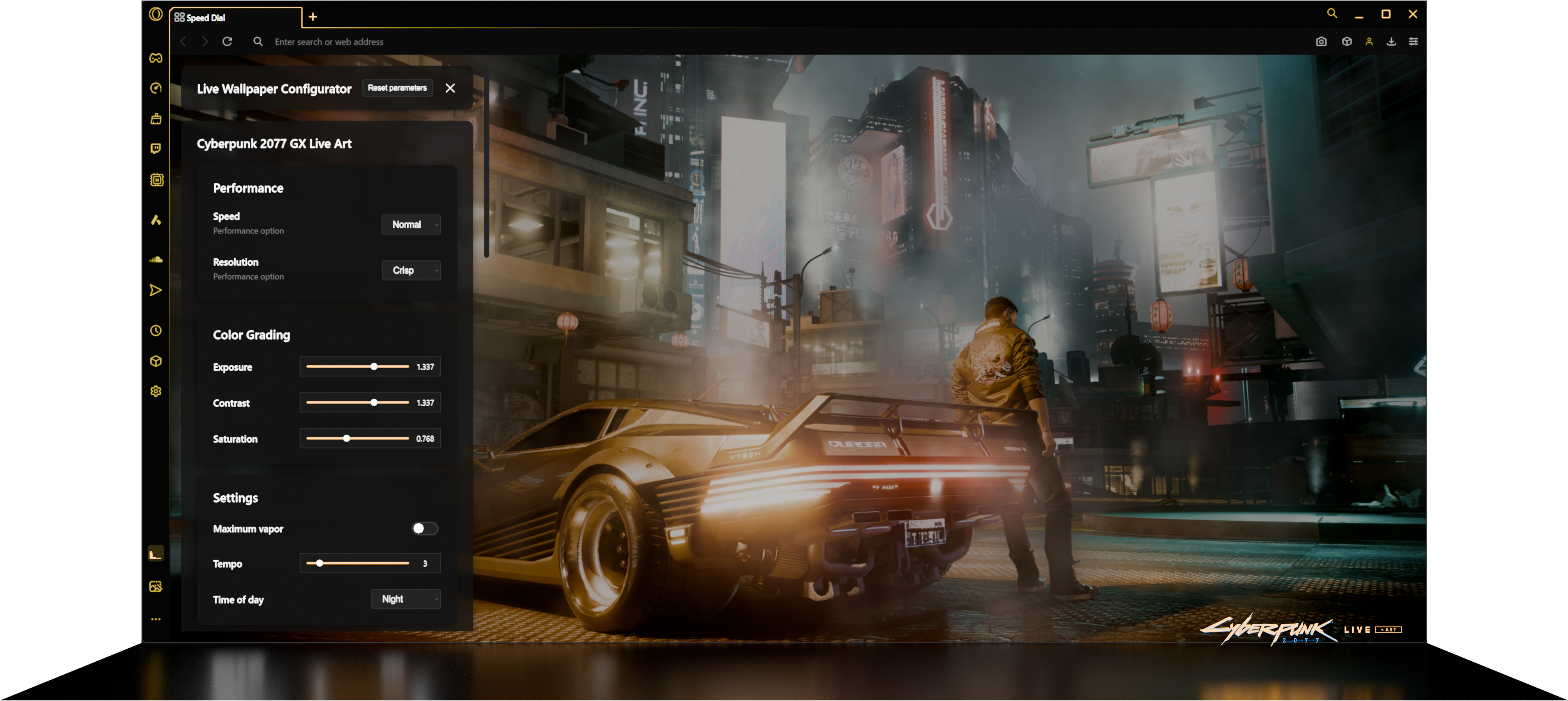 Configuring Cyberpunk 2077 Live Wallpaper in Opera GX: Customize Your Browser Aesthetics